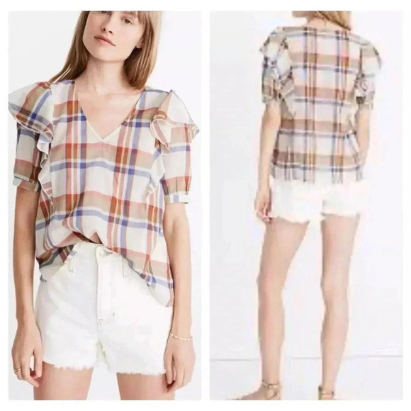 Madewell V-Neck Shoulder-Ruffle Top XL Plaid Cotton Lightweight Summer - Picture 1 of 12